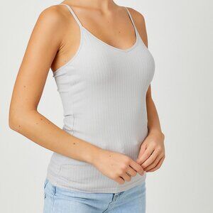 MYSTREE Grey Ribbed Spaghetti Strap Cami Tank Top – Soft Stretchy Basics Size S
